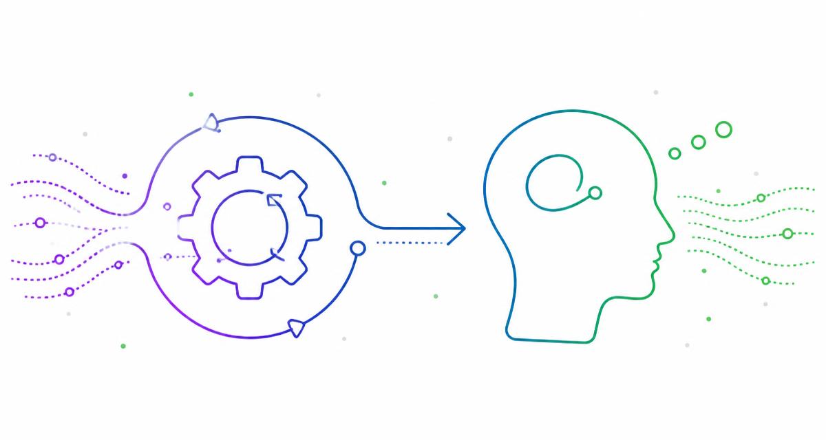 Line illustration of a CRM automation loop handing off to a human profile, representing Zoho CRM automation with human judgment