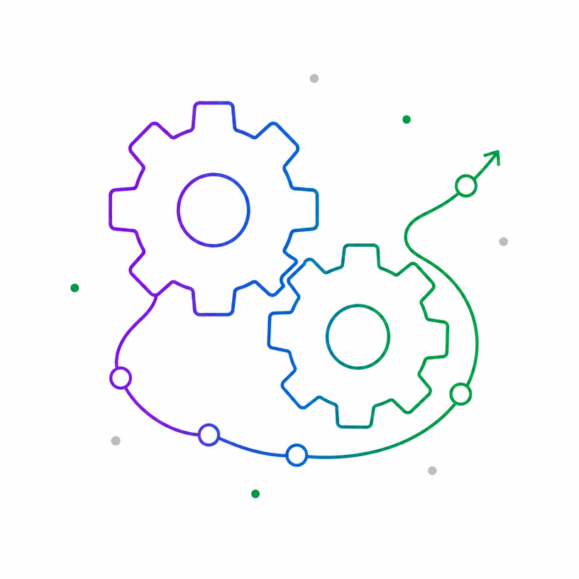 Two interlocking gears linked by a data flow line