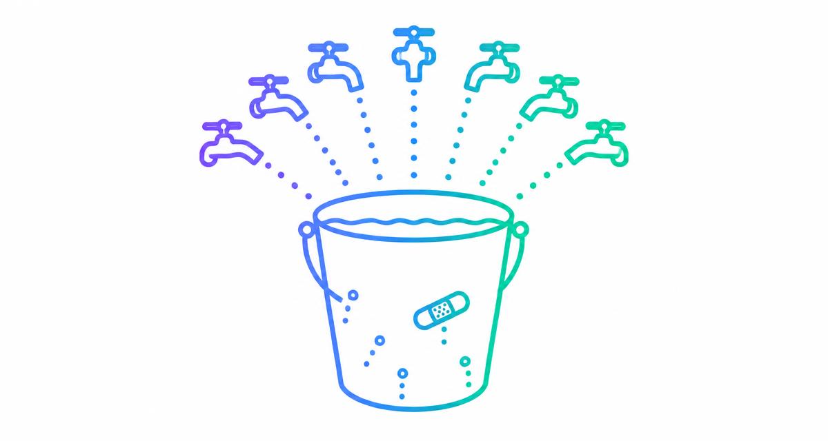 Line illustration of seven taps pouring leads into a bucket with patched holes, representing B2B lead generation channels and follow-up leaks