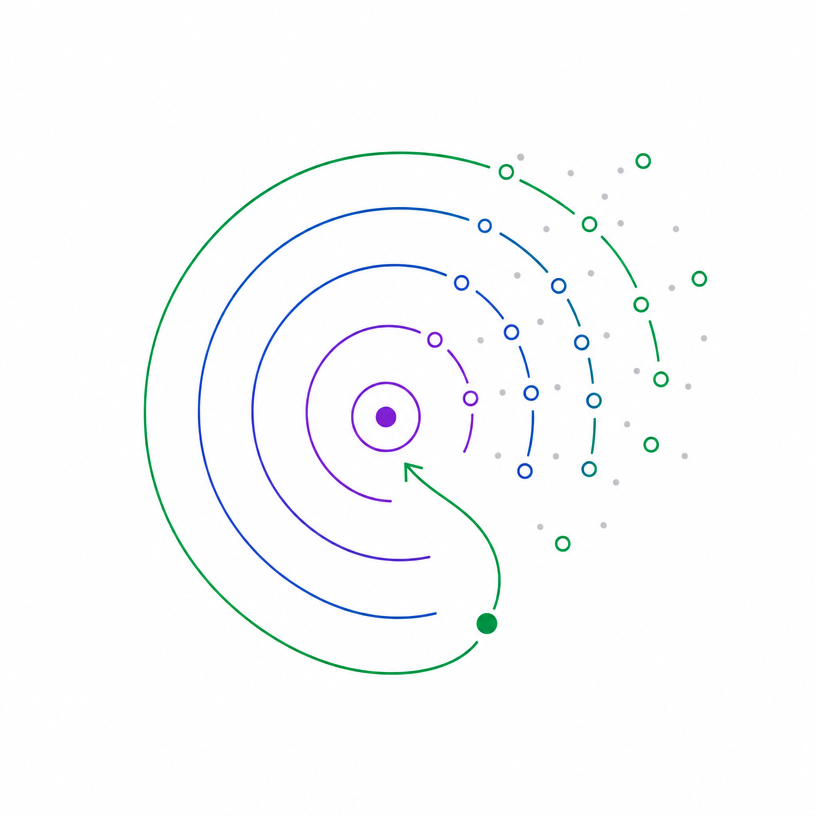 Signal pulse radiating outward with one reply looping back